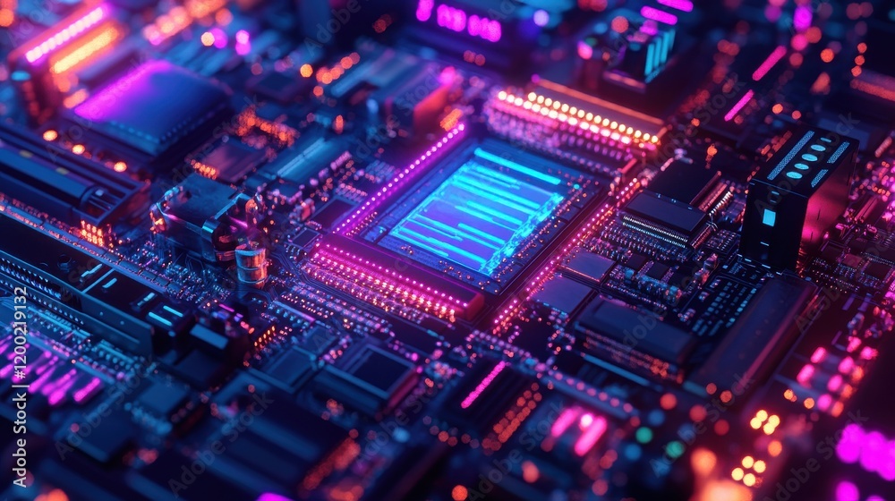 Vibrant close-up of a futuristic circuit board with glowing components and intricate details Vibrant close-up of a futuristic circuit board with glowing components and intricate details