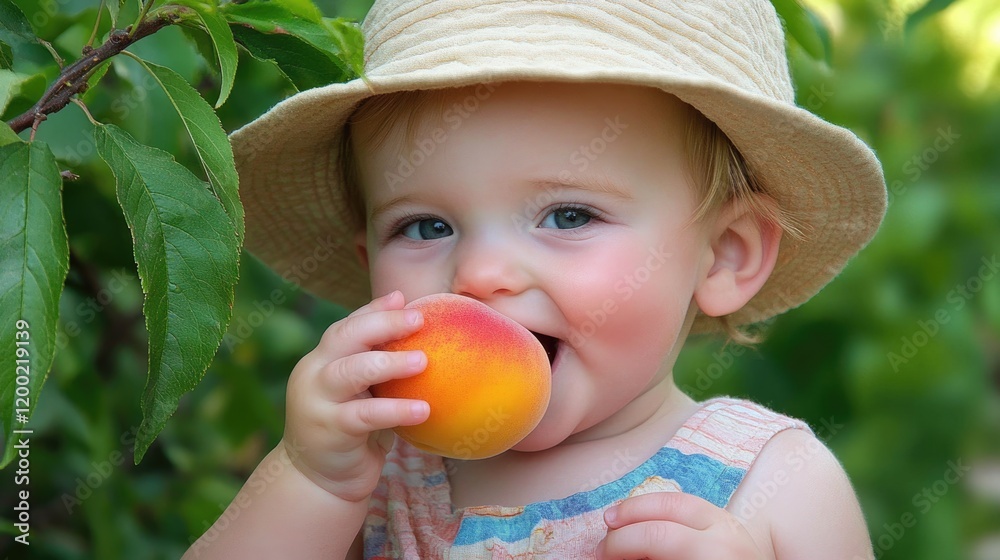 Sweet Moments: Little Boy Enjoying a Juicy Peach in a Vibrant Garden Sweet Moments: Little Boy Enjoying a Juicy Peach in a Vibrant Garden