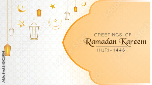 Beautiful Ramadan Kareem greeting design featuring golden lanterns, crescent moon, and stars on a soft beige Islamic patterned background for festive occasions.