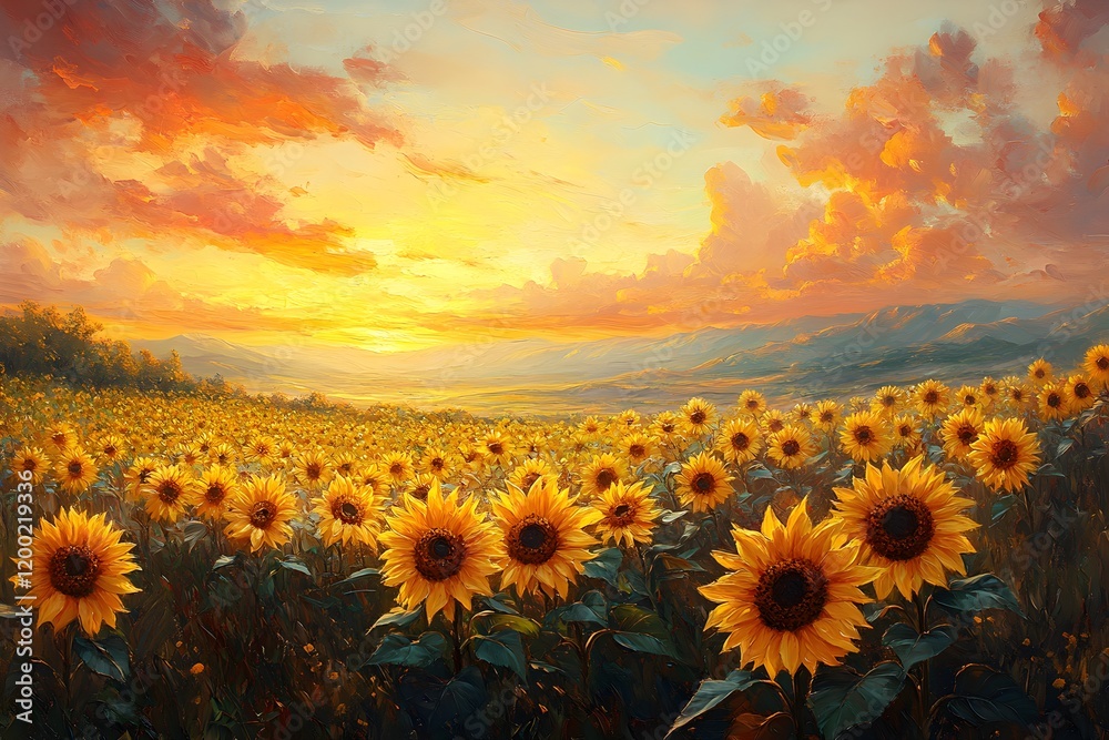 Obraz premium Vivid Sunflower Field Painting at Sunset - Generative AI