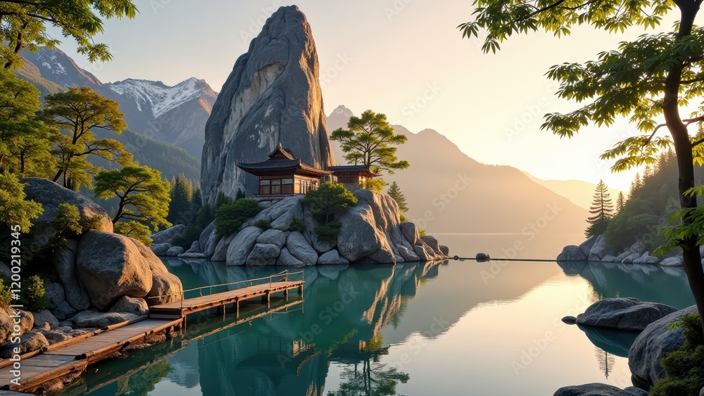 Fototapeta premium A tranquil lake nestles among majestic rocks, crowned by an inviting wooden bridge on its left. A prominent rock stands sentinel at the heart, hinting at nature's grandeur and serene allure. 