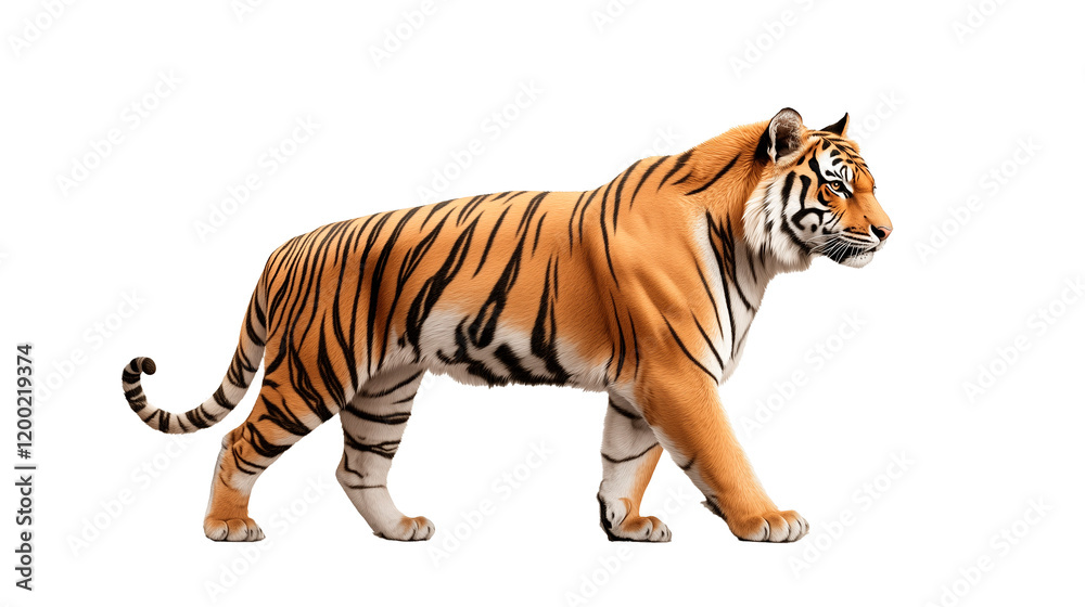 Obraz premium Elegant tiger walking gracefully in profile view against a plain white background