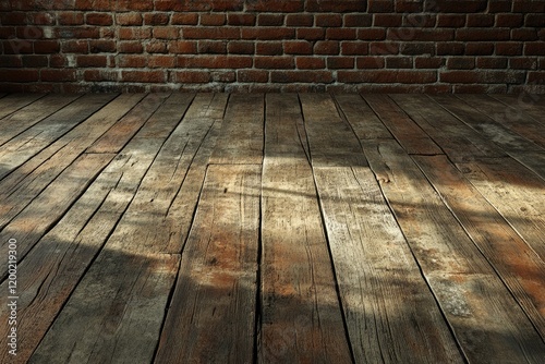 Stylish Room Featuring Wooden Floorboards and a Rustic Red Brick Wall