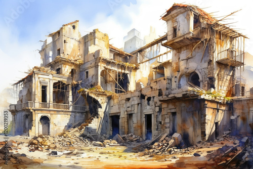 destroyed city in ruins, watercolor, illustration., watercolor style, Generative AI photo