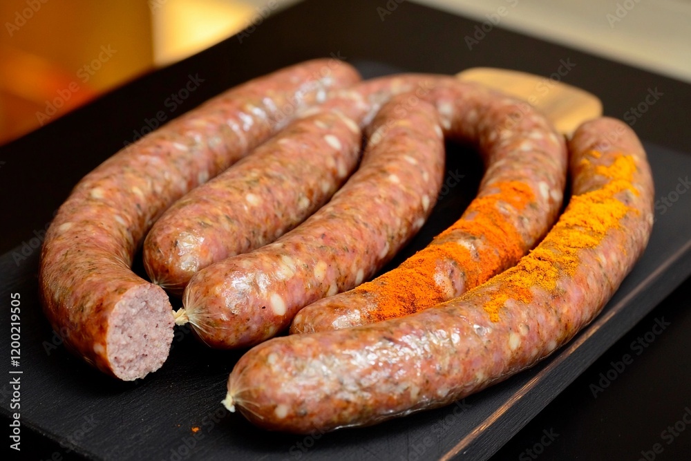 Flavorful artisan sausages prepared with vibrant spices on a wooden board in the kitchen