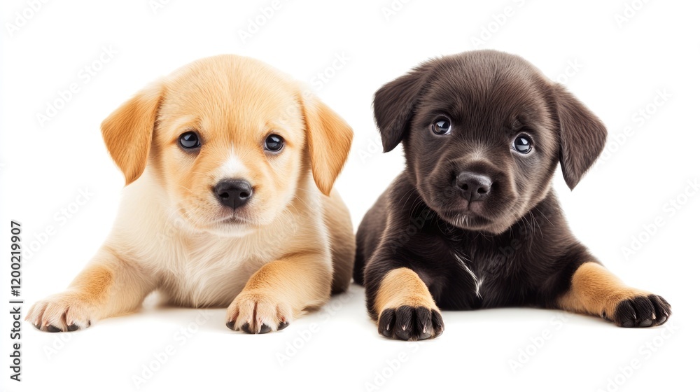 Adorable Companions: Two Fluffy Puppies on a Crisp White Backdrop Adorable Companions: Two Fluffy Puppies on a Crisp White Backdrop