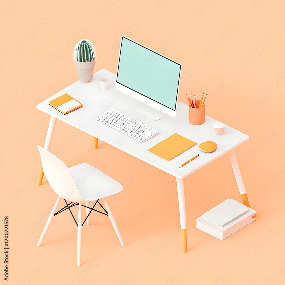Isometric office desk with desktop computer and vacant empty chair. Free unoccupied workplace, workspace illustration Isometric office desk with desktop computer and vacant empty chair. Free unoccupied workplace, workspace illustration