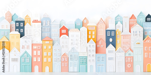City made from paper cut buildings, pastel colors illustration