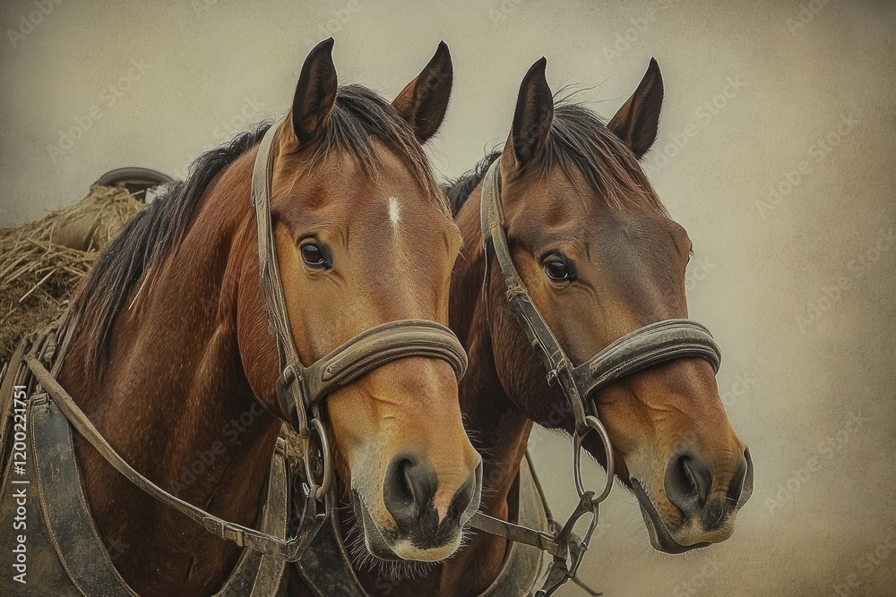 Obraz premium A Matched Pair of Draft Horses in Agricultural Setting: Strong Bay Animals with Bridles Ready for Ploughing
