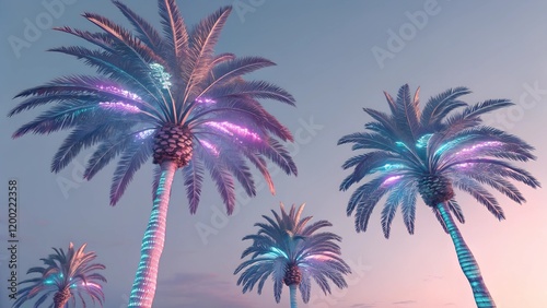 This image showcases a group of palm trees rendered in a stylized and almost futuristic manner. 
