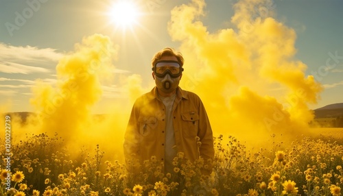 Man in protective mask surrounded by yellow pollen clouds, Spring allergies