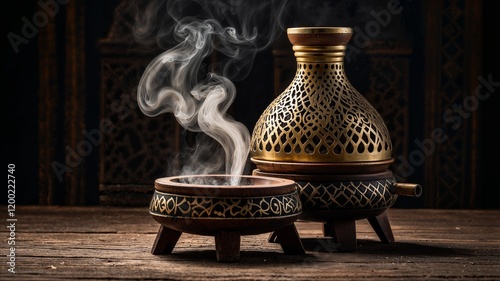 Close-up dramatic photo of a mabkhara emitting smoke on the table which was used by ancient people as a room freshener. photo