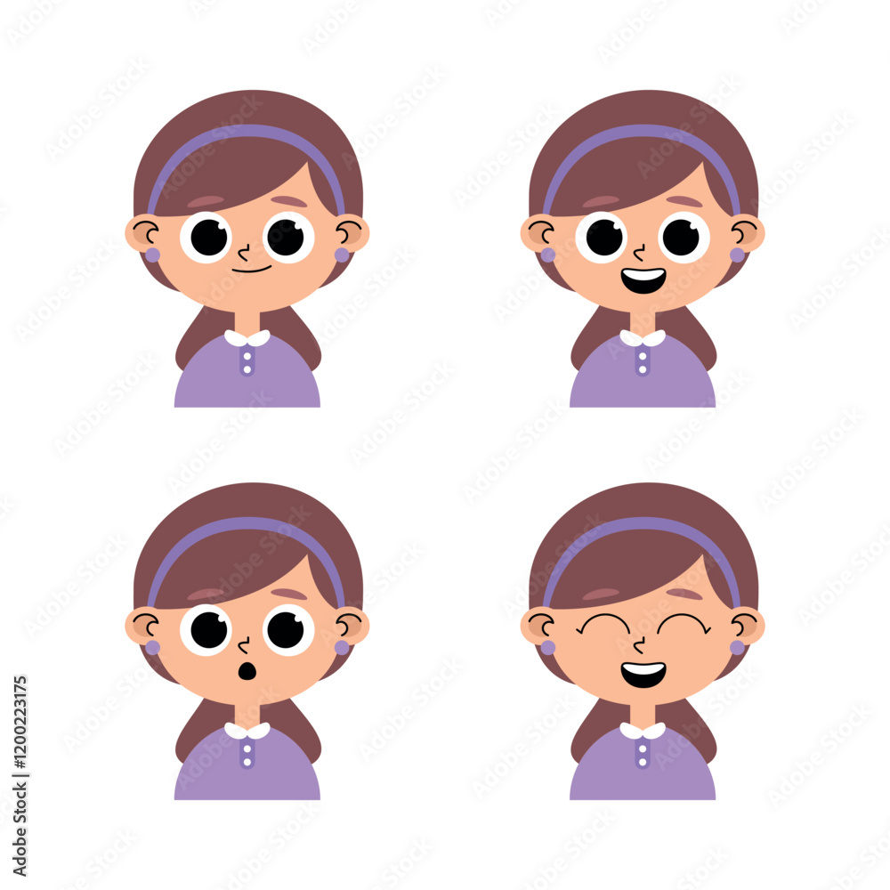 Caucasian girl child character, brown hair, purple sweater in pastel colors with different facial expressions, happy, joyful, surprised, scared and smiling. Caucasian girl child character, brown hair, purple sweater in pastel colors with different facial expressions, happy, joyful, surprised, scared and smiling.