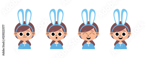 Caucasian girl child character, brown hair, blue sweater and bunny ears in pastel colors with different facial expressions, happy, joyful, surprised, scared and smiling.