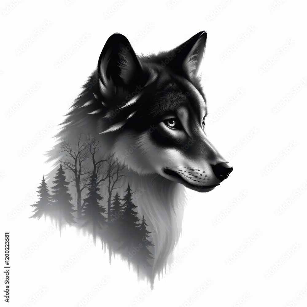 Naklejka premium Majestic wolf portrait, a grayscale masterpiece with a forest silhouette subtly integrated into its form.