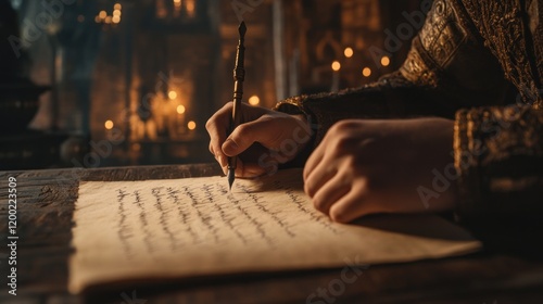 Medieval Scribe Handwriting a Letter by Candlelight