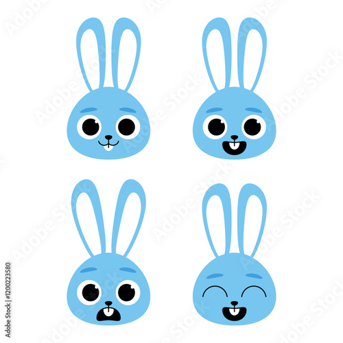 Easter bunny child character in pastel colors with different facial expressions, happy, surprised and smiling.