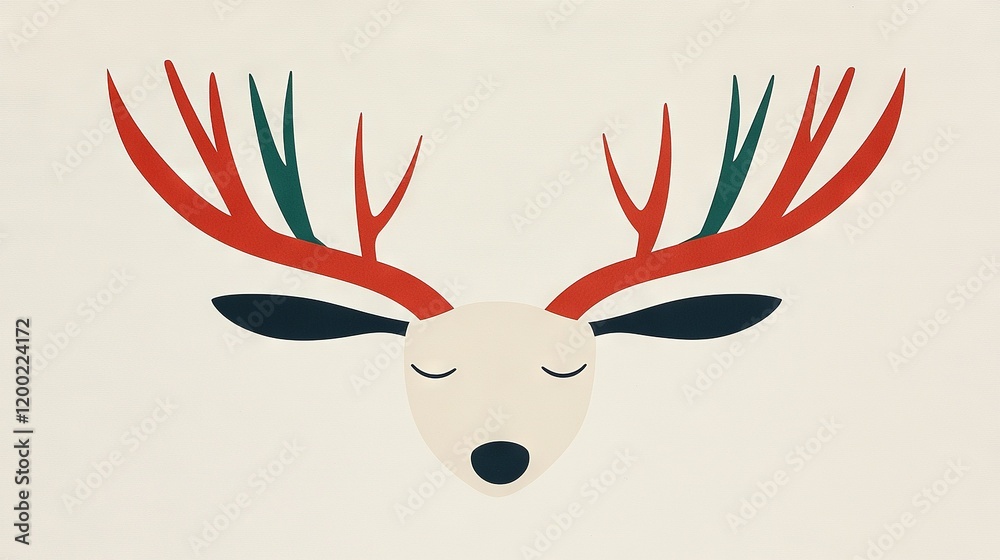 White background, deer's head with red and green antlers White background, deer's head with red and green antlers