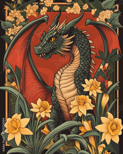 Vibrant abstract dragon with daffodils in bold artistic style