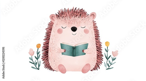   A hedgehog in a flower-filled field with closed eyes while reading a book