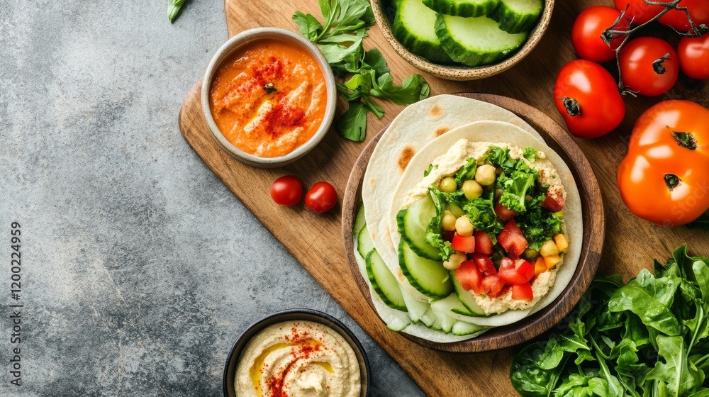 Quick vegan wraps stuffed with fresh veggies, hummus, and spices, perfect for an on-the-go lunch idea, served on a wooden board,
