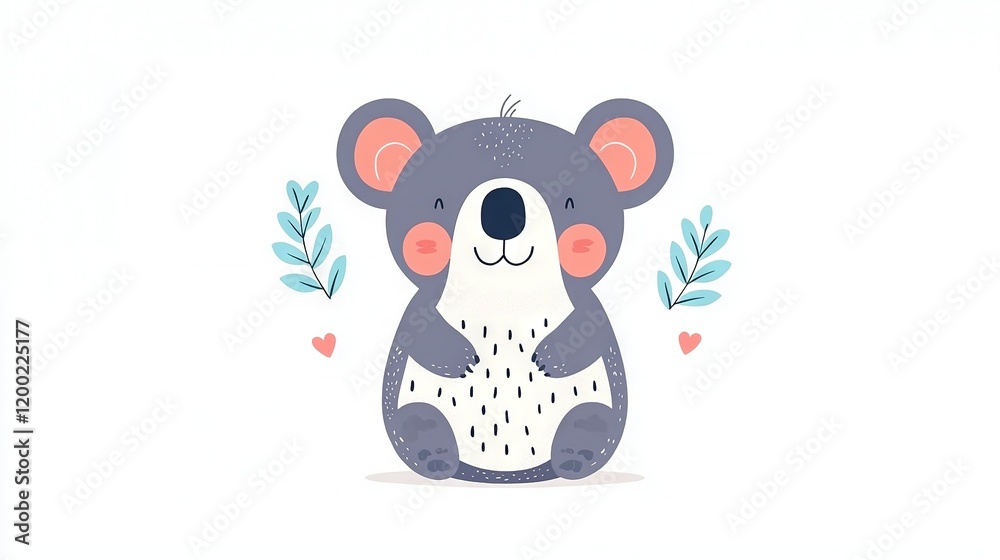 Fototapeta premium A charming koala bear rests on the ground, surrounded by leaves and adorned with a heart on its chest