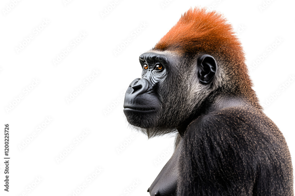 Obraz premium Portrait of gorilla monkey with bright vibrant mohawk, side view isolated on white background
