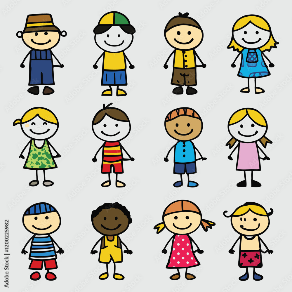 Stick Children Boys and Girls Vector Art Set Stick Children Boys and Girls Vector Art Set