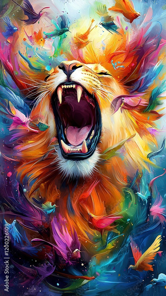 A cat with its mouth open and its mouth wide open, surrounded by colorful feathers in flight A cat with its mouth open and its mouth wide open, surrounded by colorful feathers in flight