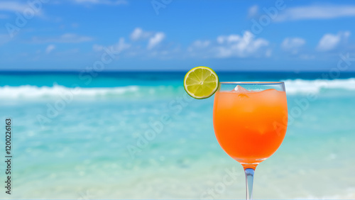 A cocktail on the beach. A lime on the rim of the glass with the ocean in the background. Right justified for copyspace. photo