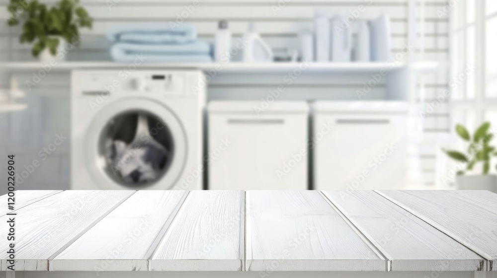 Empty white wooden tabletop on blurred background of laundry room Empty white wooden tabletop on blurred background of laundry room
