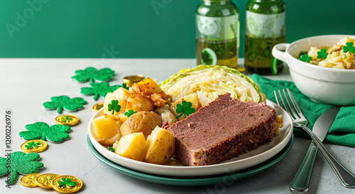 Festive plate of corned beef and cabbage with potatoes is served for saint patrick's day photo