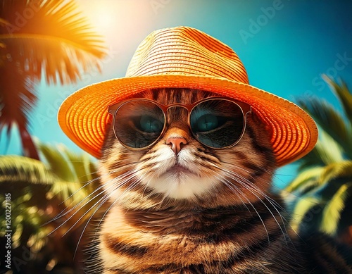 Coole Katze mit Sonnenbrille und Hut – Sommerliches Urlaubsmotiv photo