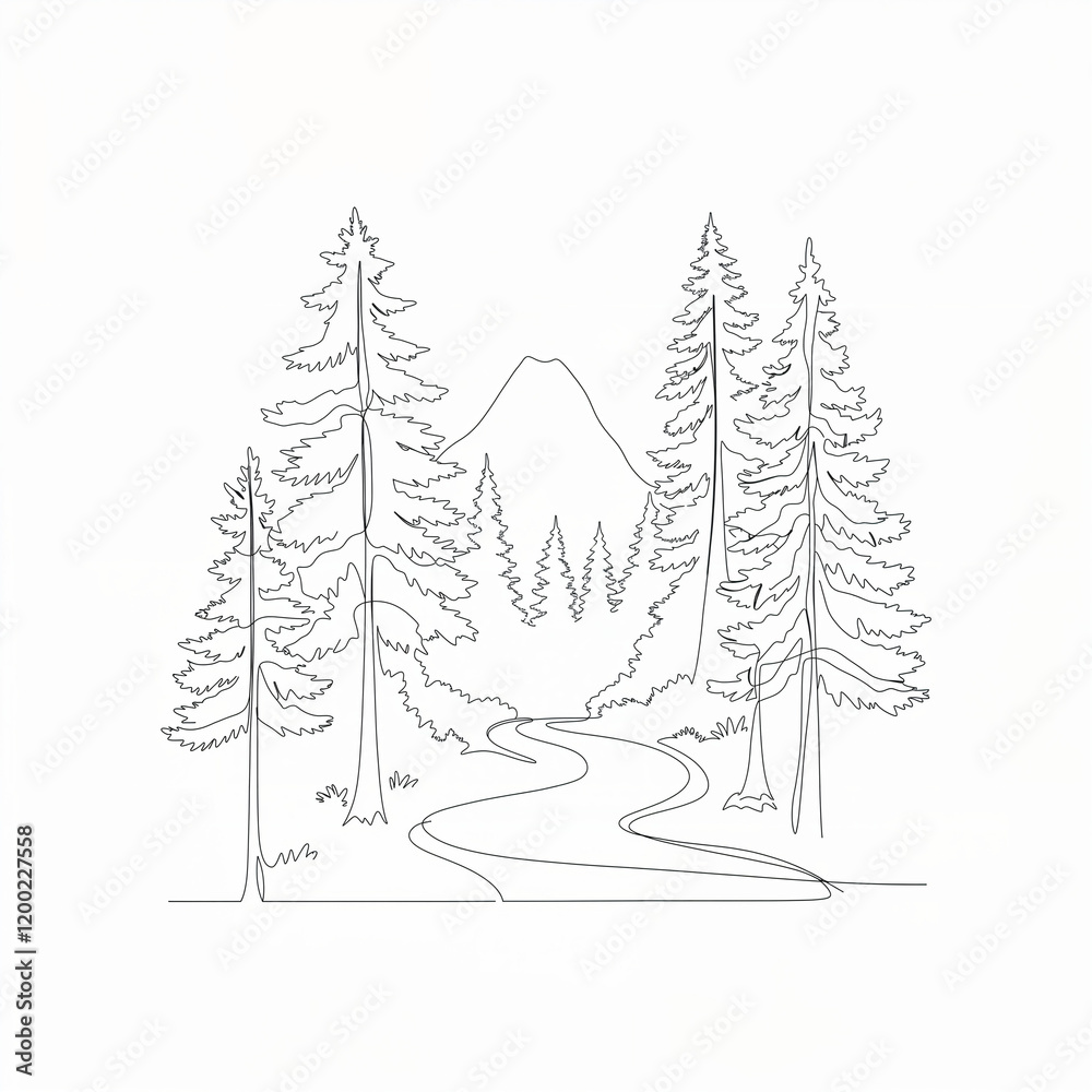 Obraz premium Continuous line drawing of river flowing through coniferous forest with mountain in background, creating serene and minimalist nature landscape