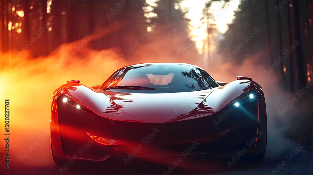 Beautiful modern sport car driving fast on scenic road in forest at sunset , automotive background, tuning template, auto transport