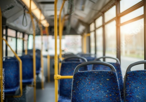 Rows of empty blue seats inside a public transport bus, illuminated by natural light during the daytime photo
