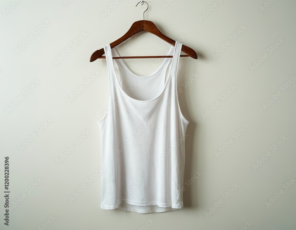 A plain white tank top hanging on a wooden hanger against a neutral background. A plain white tank top hanging on a wooden hanger against a neutral background.