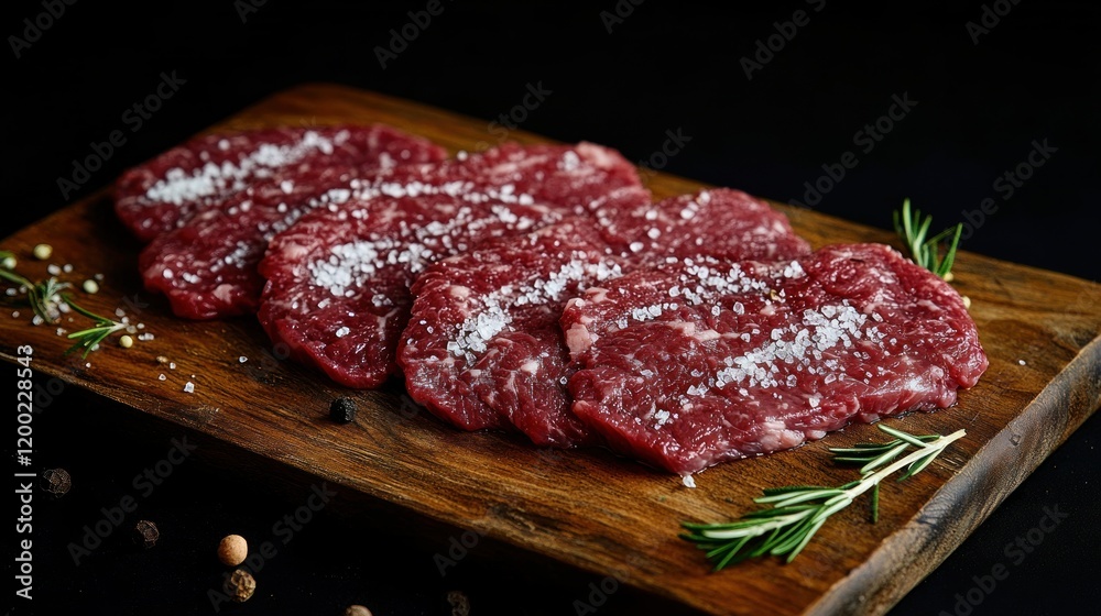 Delicious Salted Beef Slices on Wooden Board