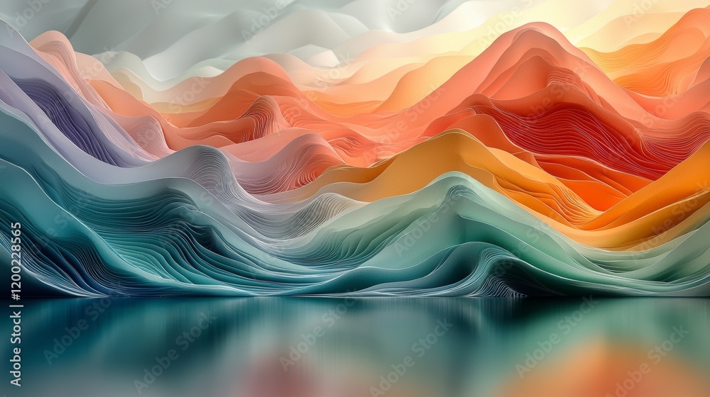 An abstract landscape featuring vivid colors, symmetrical elements, and surreal touches, perfect for modern settings and artistic inspiration