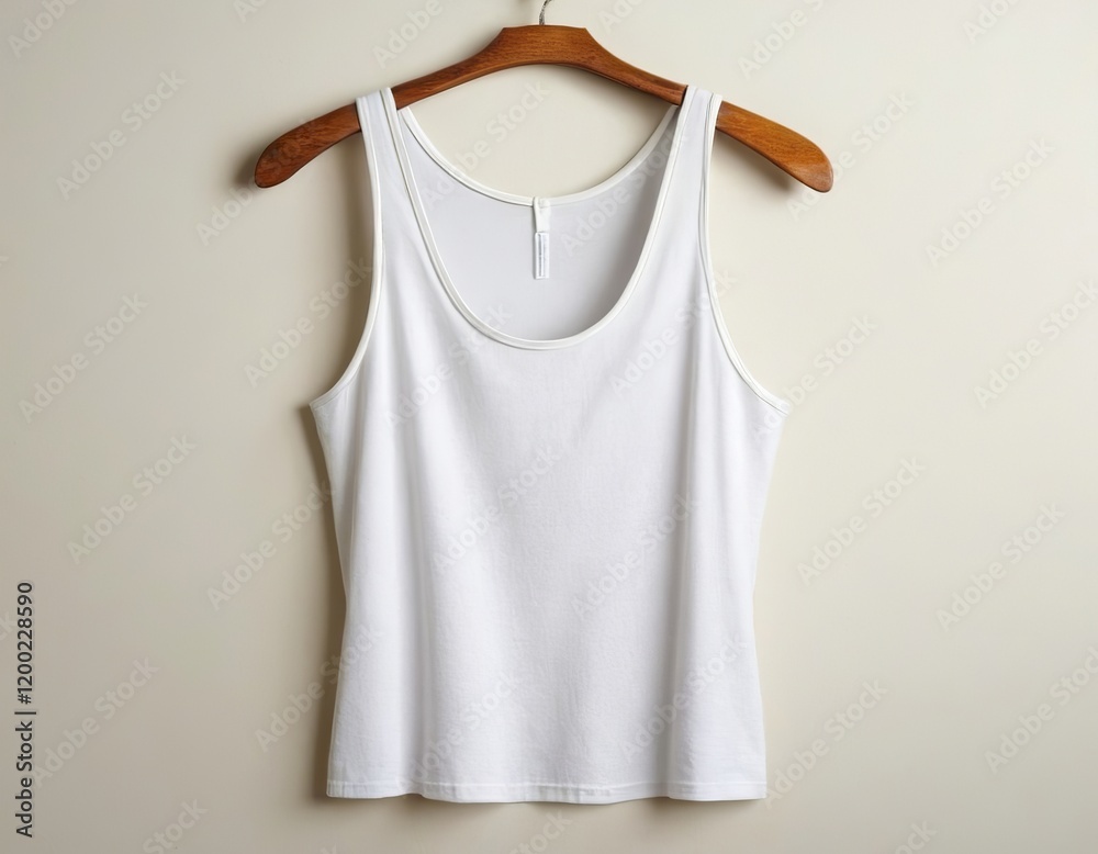 A simple, elegant white tank top hanging on a wooden hanger against a light background. A simple, elegant white tank top hanging on a wooden hanger against a light background.