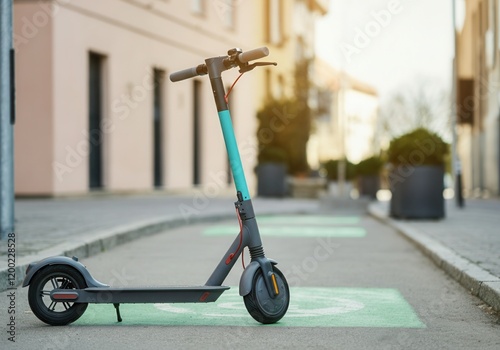 Electric scooter parked in a designated parking spot on a city street, representing sustainable urban mobility photo