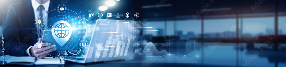 GIS specialist using a tablet with a digital interface overlay showing geospatial data, satellite imagery, technology graphs location analysis, mapping trends, spatial patterns, geographic mapping.