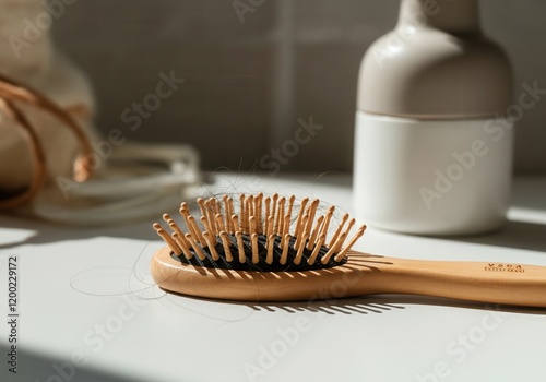 Wooden hairbrush lying on white surface with lost hair, concept of hair loss problem