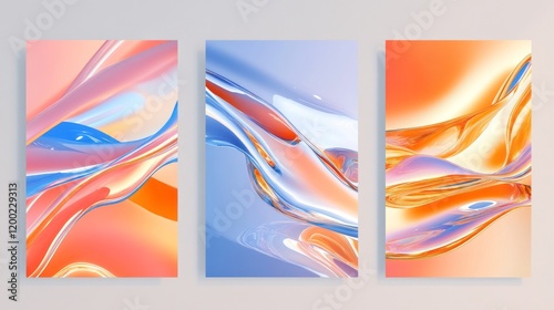 Abstract background with a colorful gradient and fluid shapes, three vertical posters on the wall, a glass effect, soft lighting, a light orange-blue color scheme, a futuristic style, smooth curves