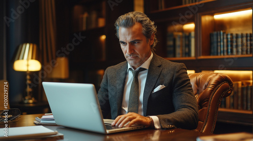 A financial manager in formal attire  using a laptop to review spreadsheets