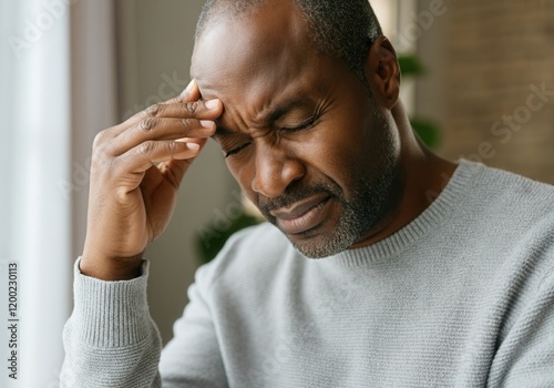 Close-up portrait of mature black man suffering from headache, touching his forehead with hand