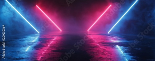 Dark street, wet asphalt, reflections of rays in the water. Abstract dark blue background, smoke, smog. Empty dark scene, neon light, spotlights. Concrete floor, Generative AI