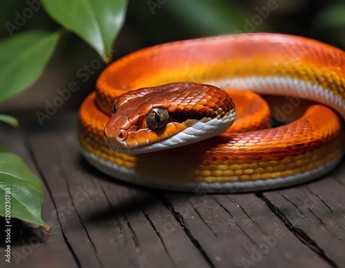 Orange Snake Coiled on Dark Wood: A Dramatic Close-Up photo