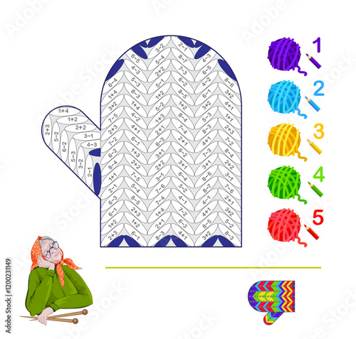 Math education for children. Coloring book. Mathematical exercises on addition and subtraction. Solve examples and paint the pattern on the mitten. Printable worksheet for kids. Vector illustration.