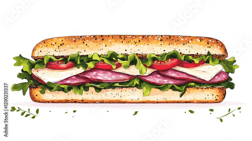 Italian sub sandwich with lettuce, slices of fresh tomatoes, salami, cured ham and cheese vector illustration